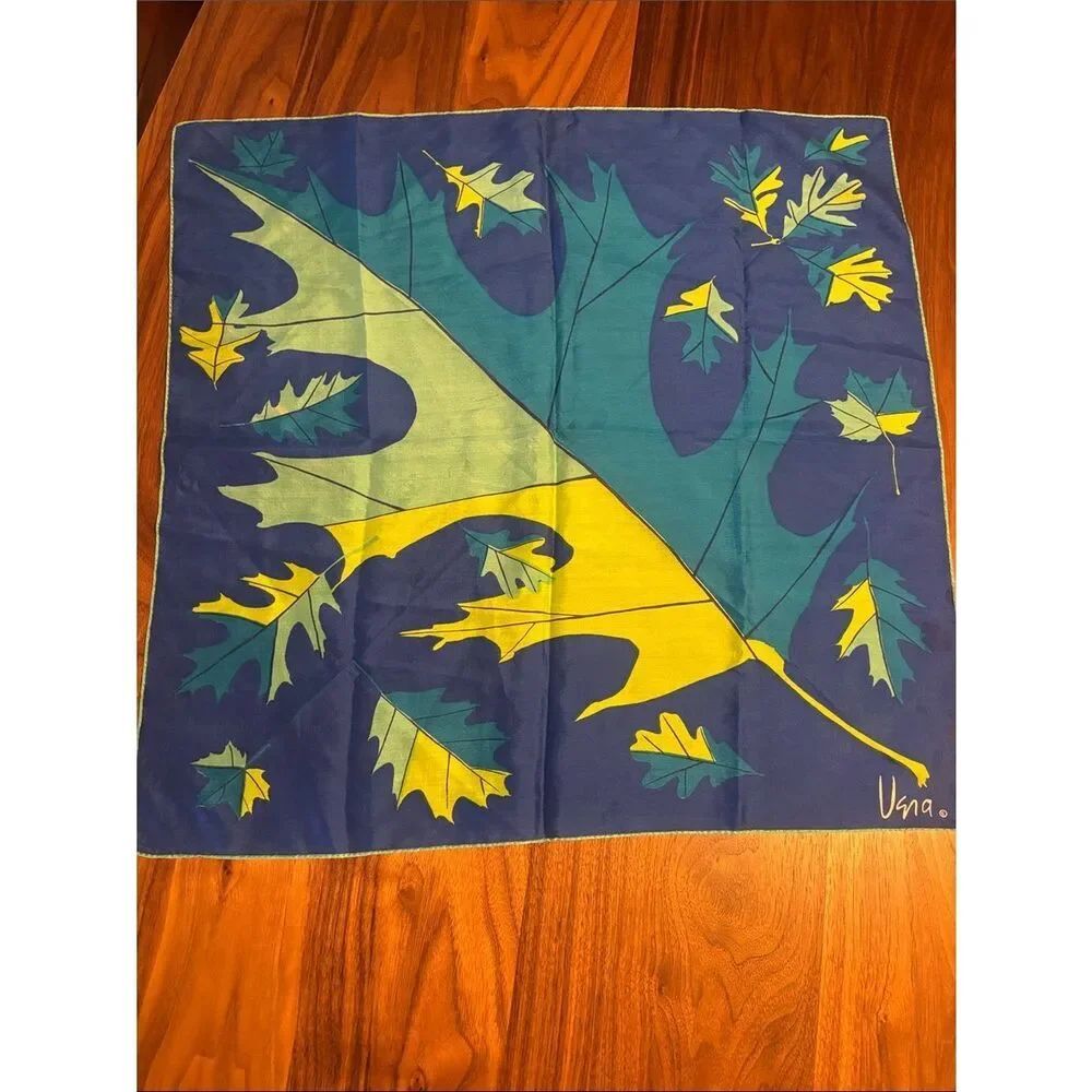 Vintage Vera Leaf Print Silk Scarf in Blue, Teal & Yellow